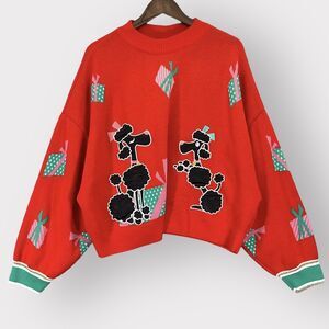 Asos Knit Sweater Women US 14 Red Pullover Cropped Oversized Holiday‎ Gift Dog